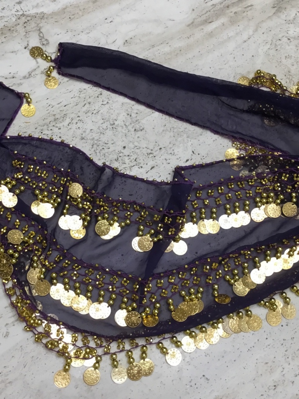 Women’s Purple Sheer Chiffon Dangling Coins Belly Dance Hip Scarf
